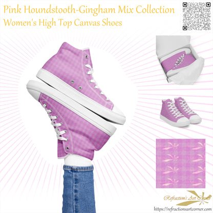 Women’s High Top Canvas Shoes Pink Houndstooth-Gingham Mix