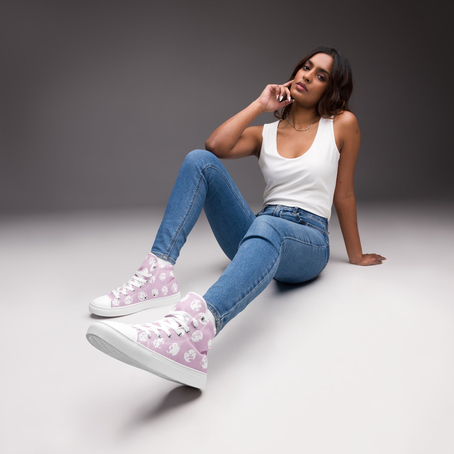 Women’s White Polka Dot Pink High Top Canvas Shoes