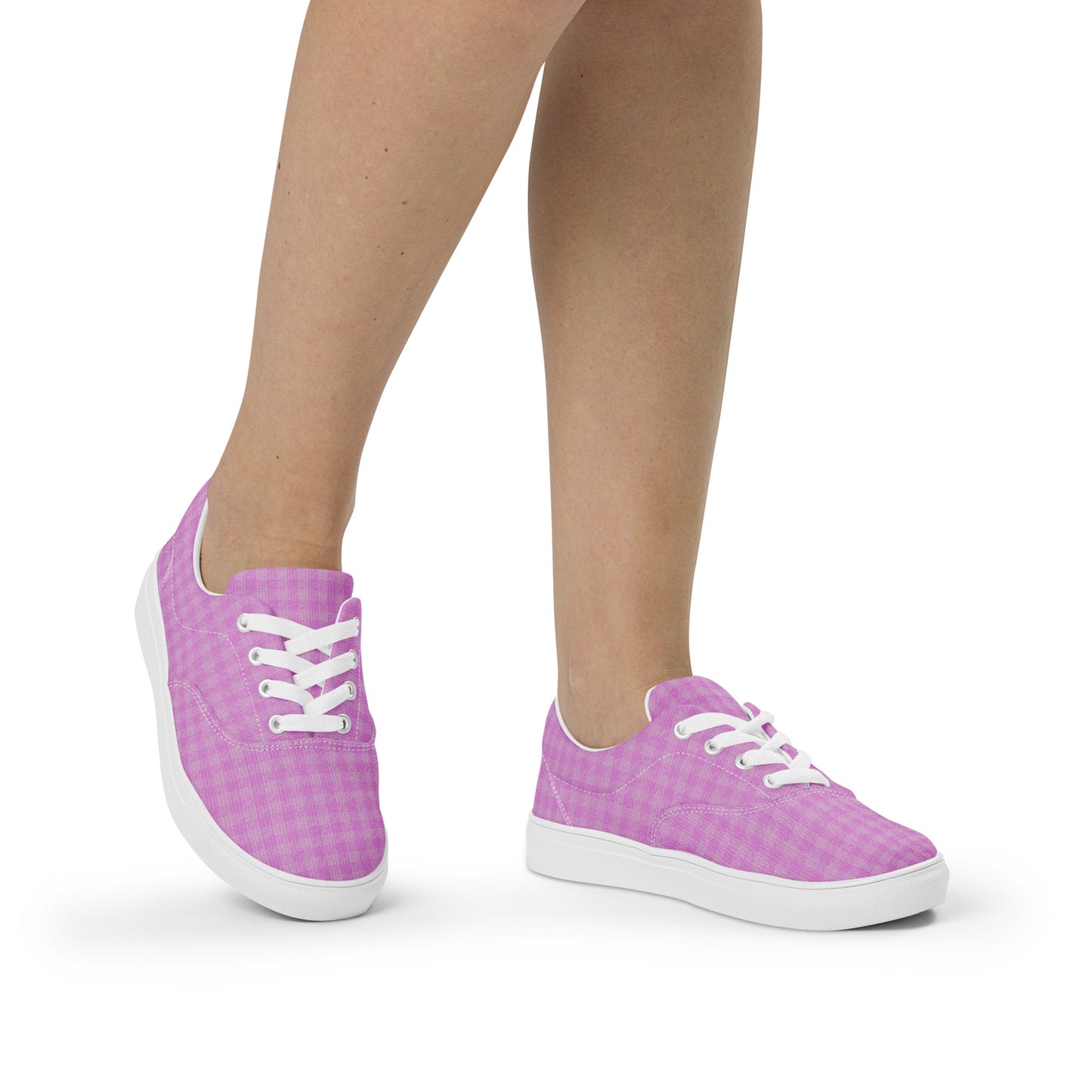 Women’s Lace-Up Canvas Shoes Pink Houndstooth-Gingham Mix