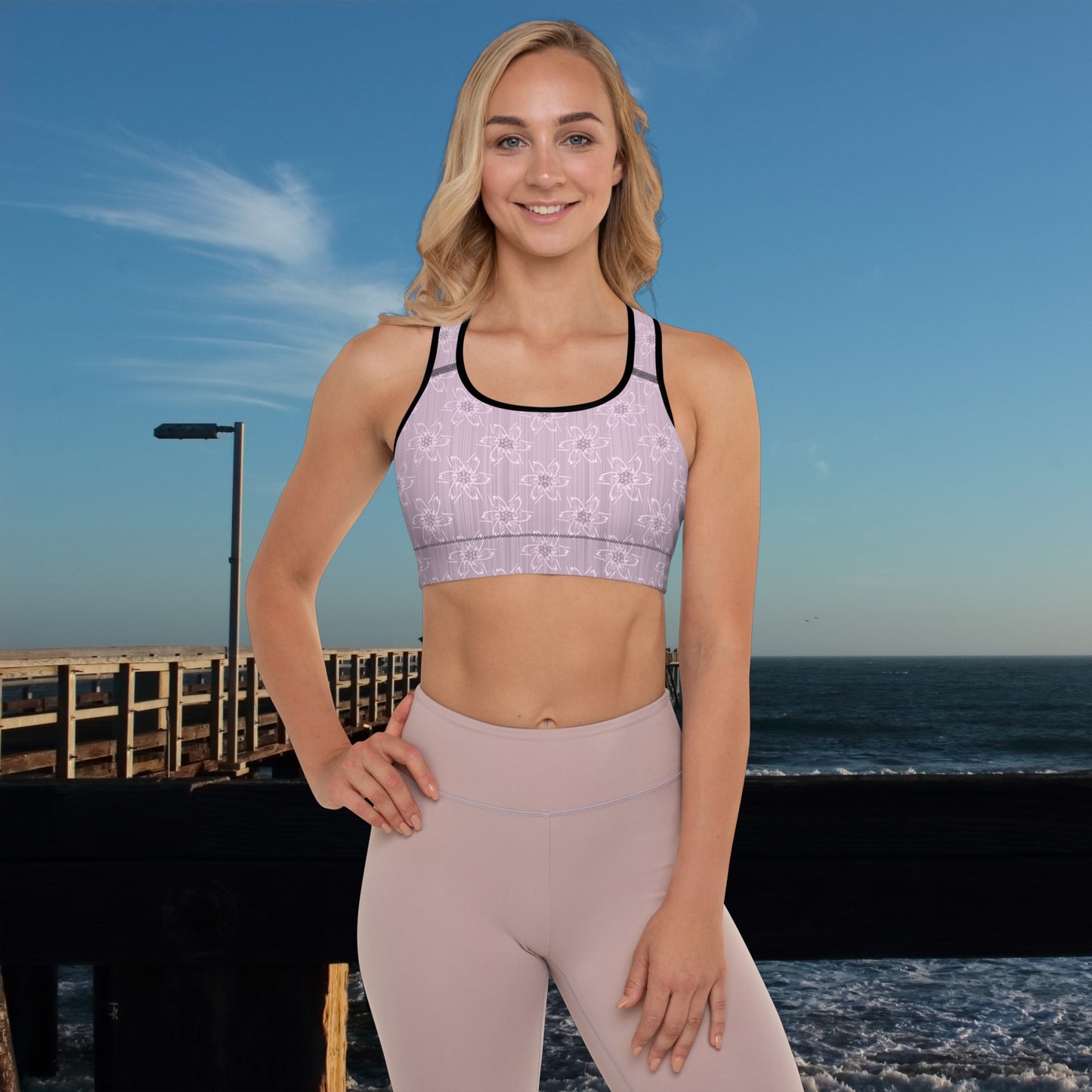 Women's Light Pink Floral Padded Sports Bra