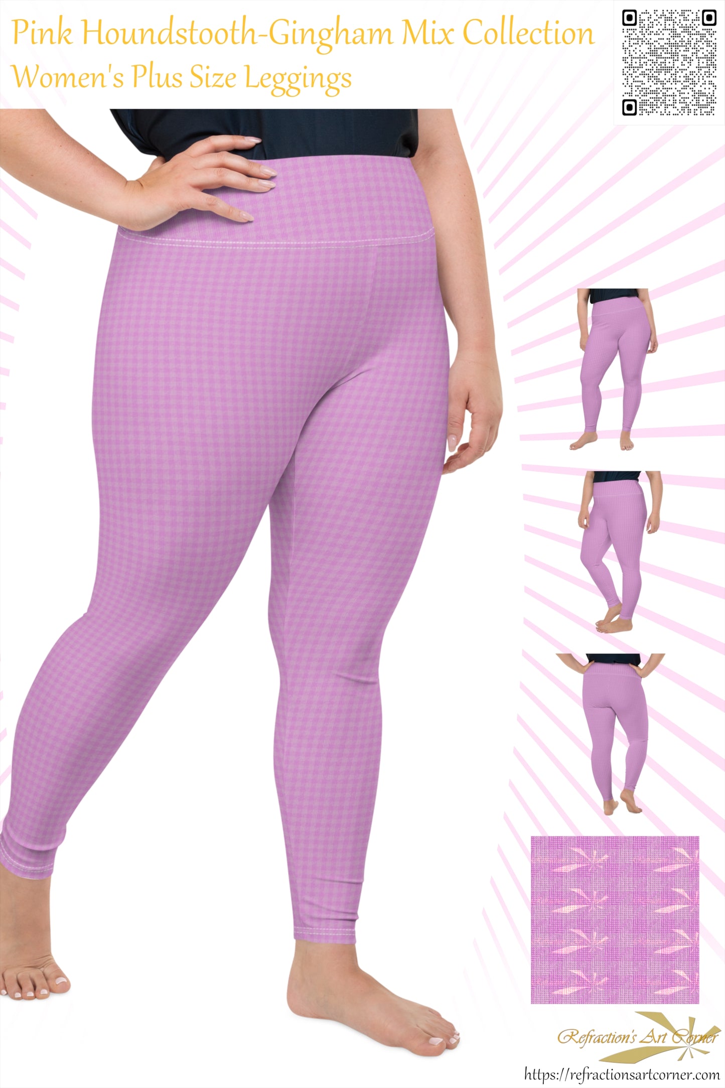 Women's Plus Size Leggings Pink Houndstooth-Gingham Mix