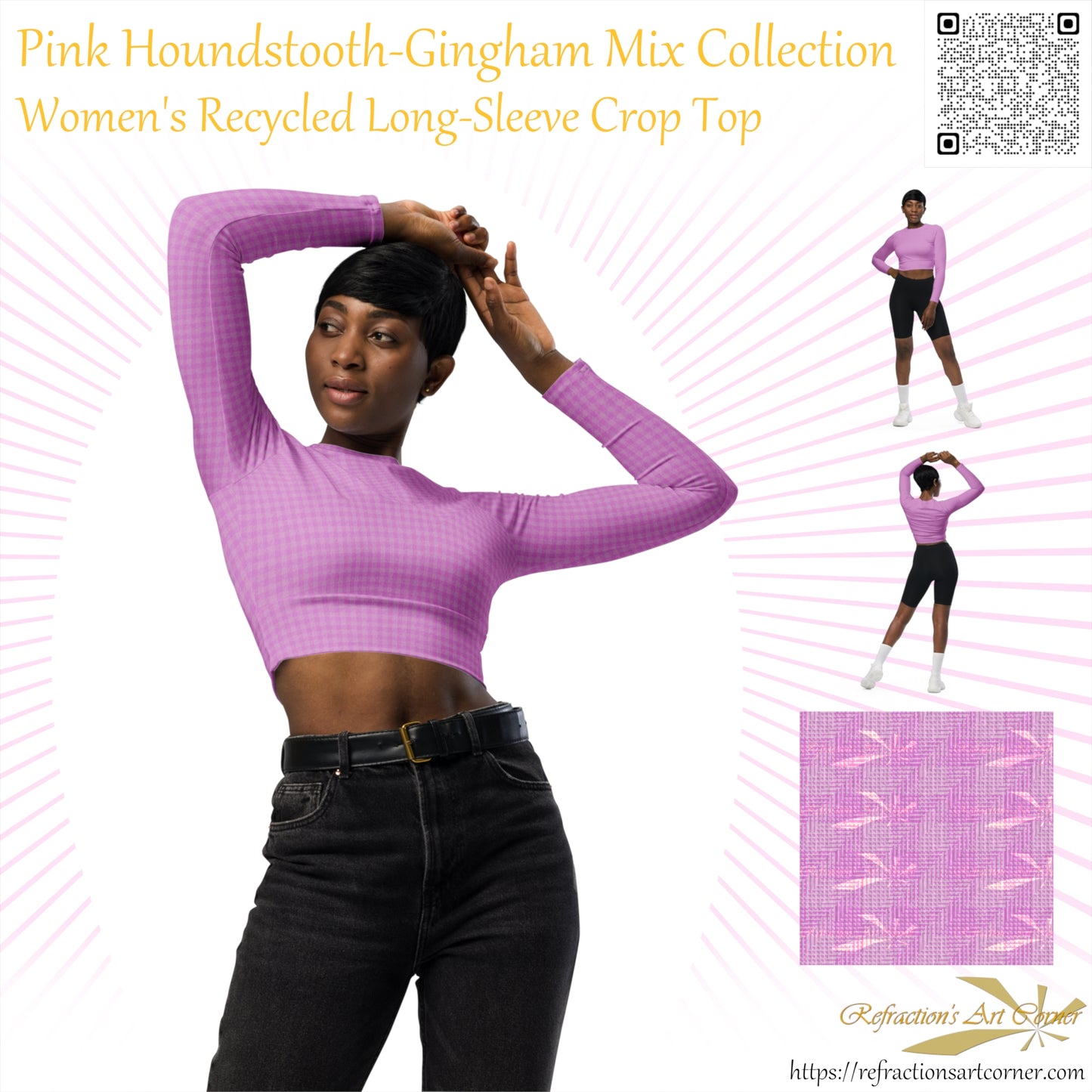 Women's Recycled Long-Sleeve Crop Top Pink Houndstooth-Gingham Mix