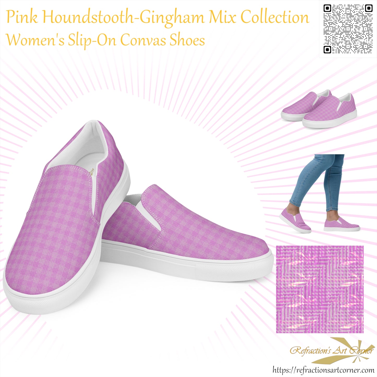 Women’s Slip-On Canvas Shoes Pink Houndstooth-Gingham Mix