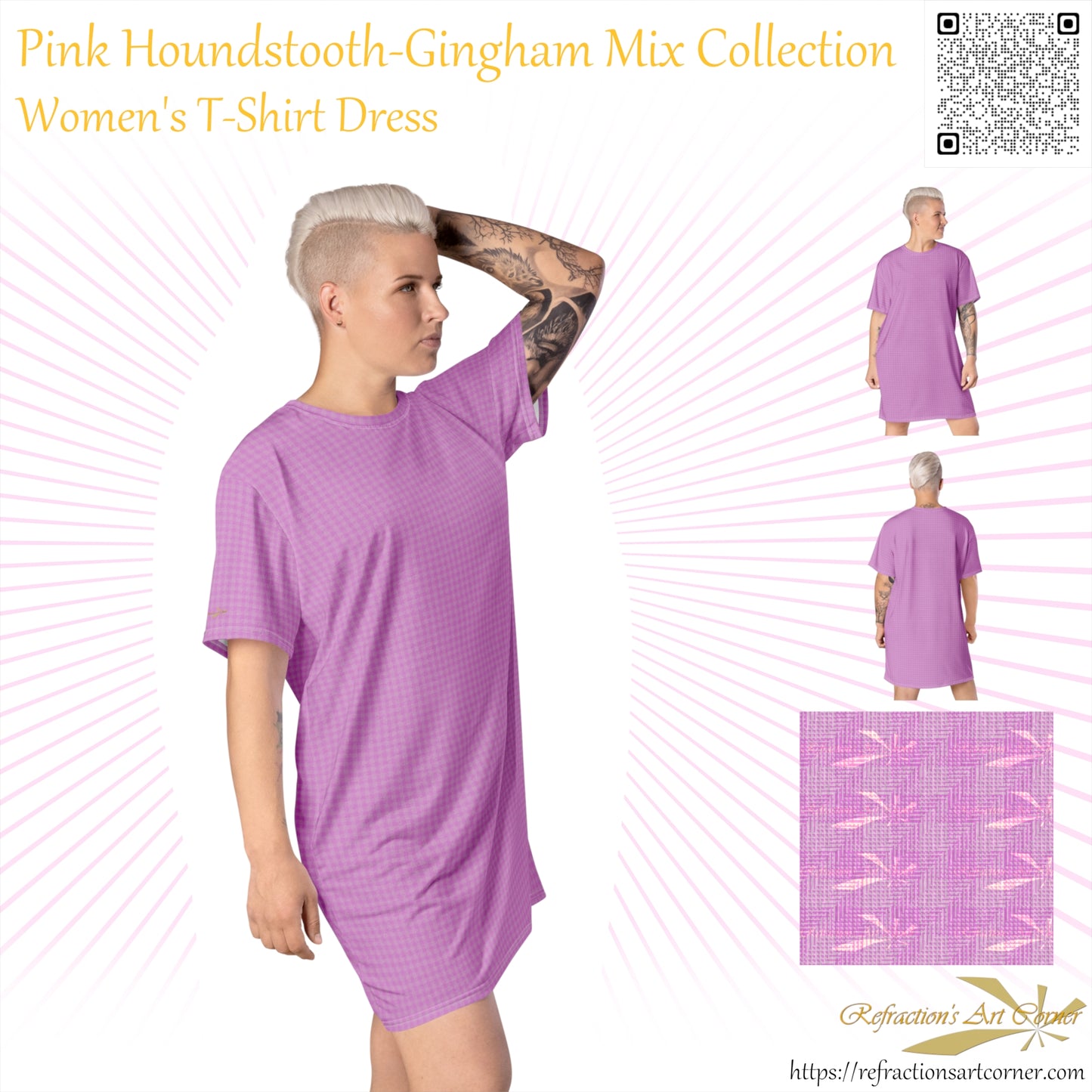 Women's T-shirt Dress Pink Houndstooth-Gingham Mix