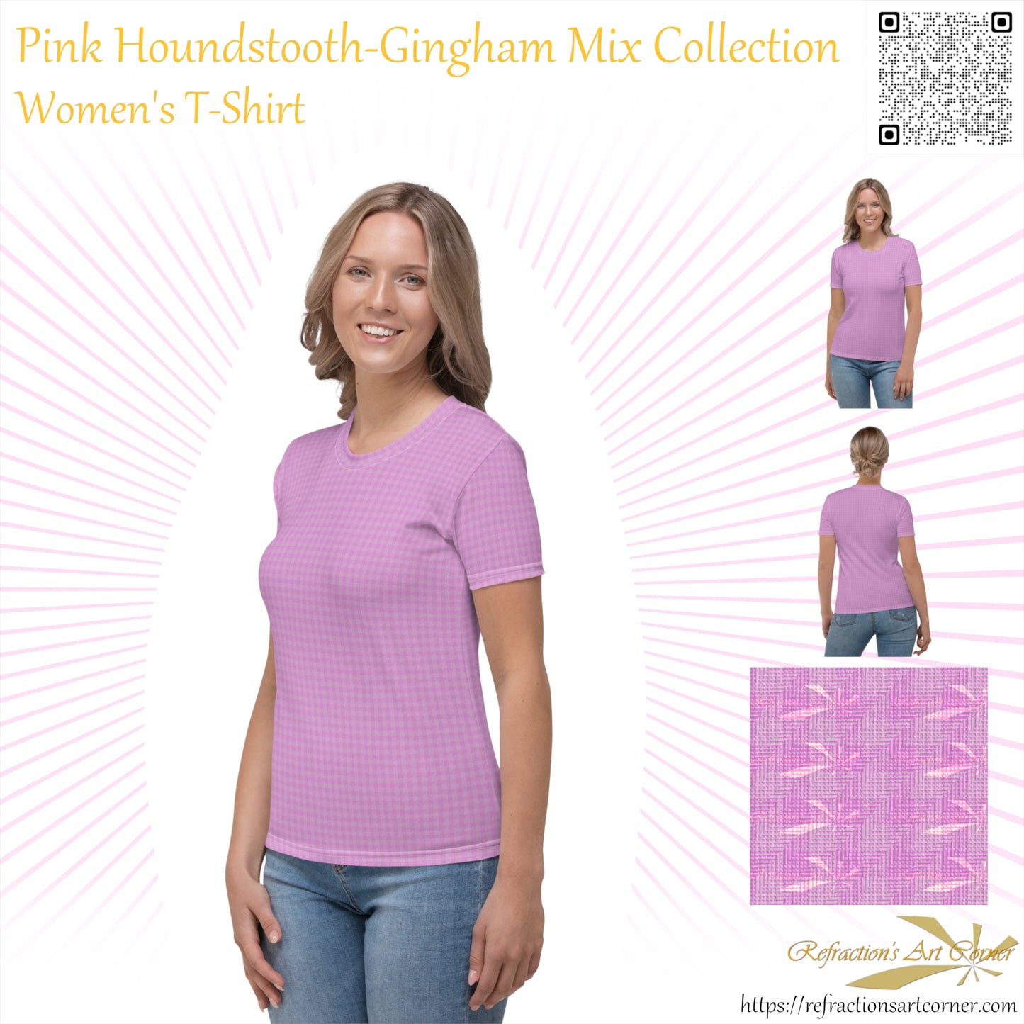 Women's T-shirt Pink Houndstooth-Gingham Mix