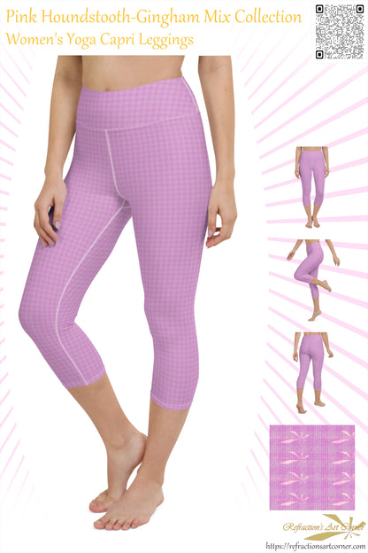 Women's Yoga Capri Leggings Pink Houndstooth-Gingham Mix