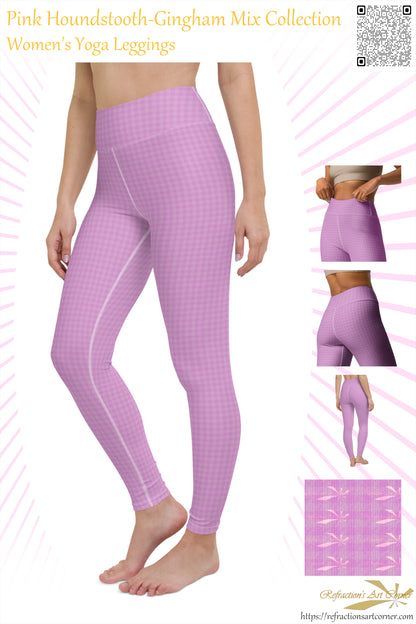 Women's Yoga Leggings Pink Houndstooth-Gingham Mix