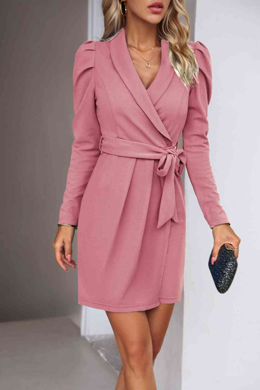 Tie Waist Long Puff Sleeve Dress