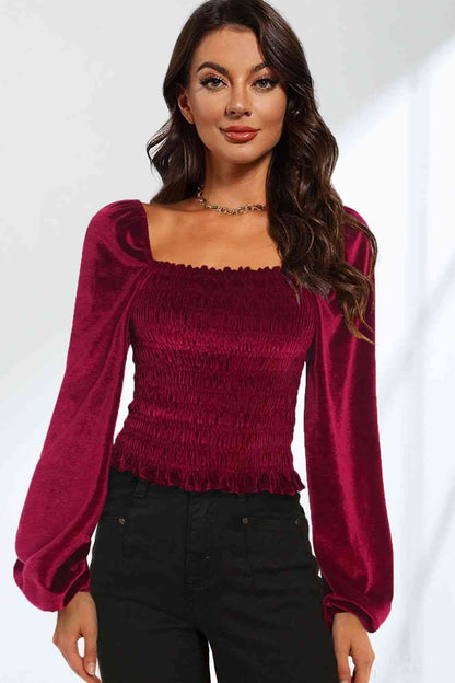 Double Take Smocked Square Neck Long Sleeve Blouse