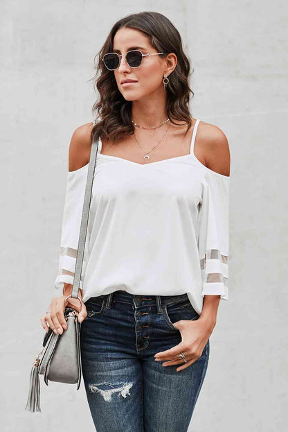 Cold-Shoulder Three-Quarter Flare Sleeve Blouse