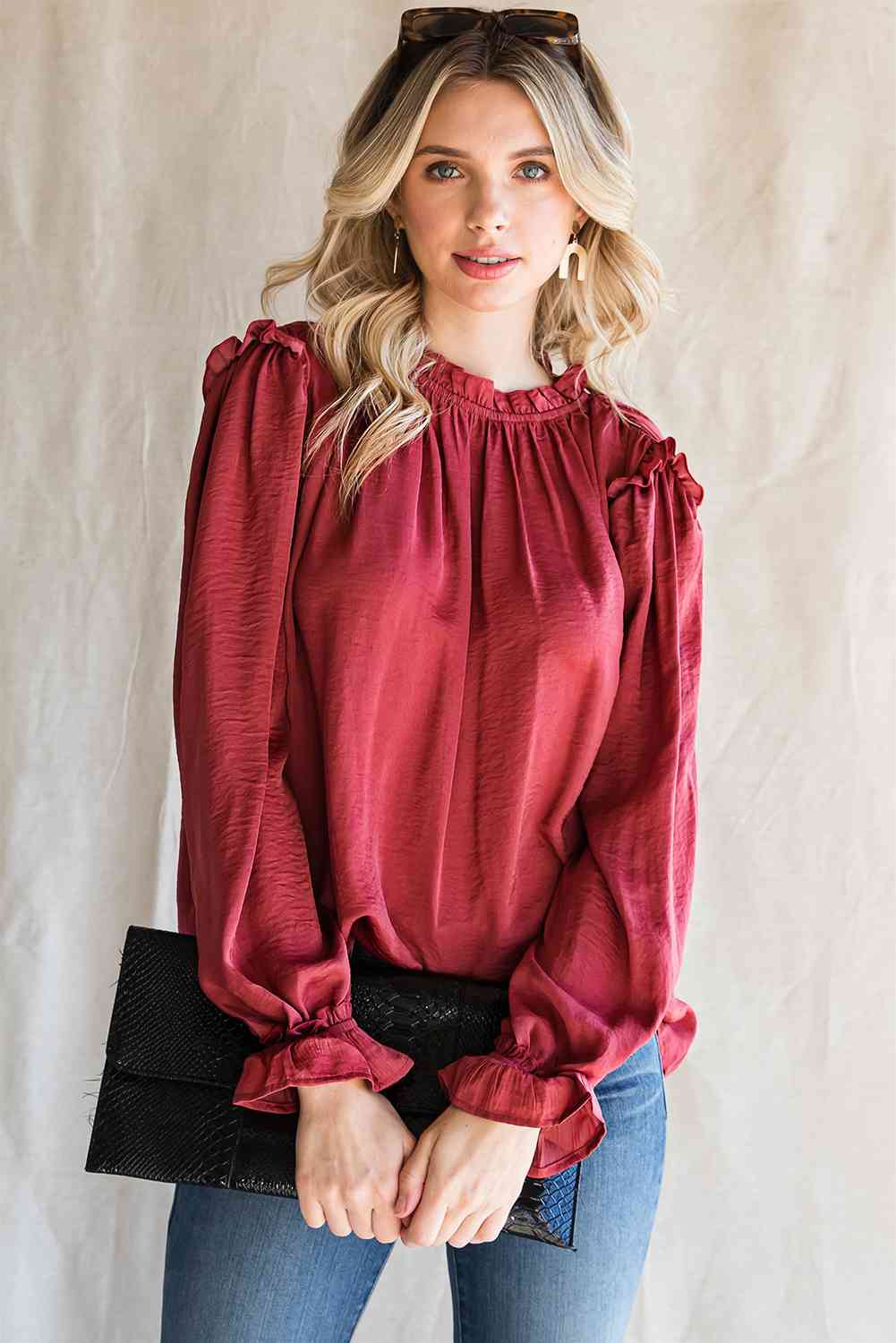 Frilled Neck Long Flounce Sleeve Blouse