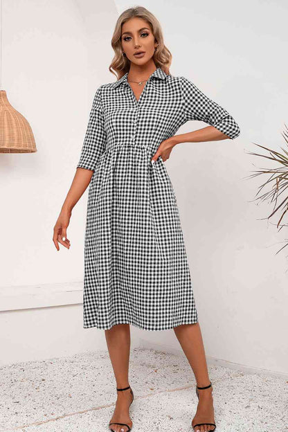 Plaid Collared Neck Midi Dress