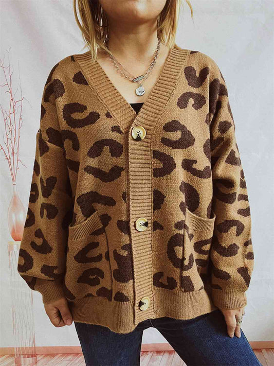 Leopard Button Front Cardigan with Pockets