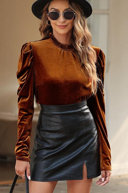 Round Neck Puff Sleeve Velvet Blouse