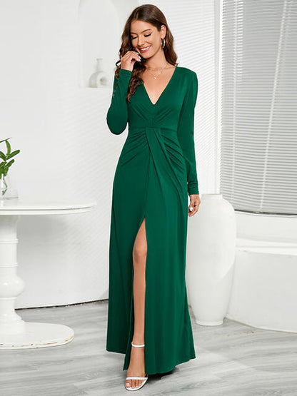 V-Neck Long Sleeve Split Dress