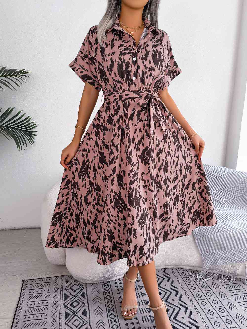 Printed Collared Neck Short Sleeve Tie Waist Dress