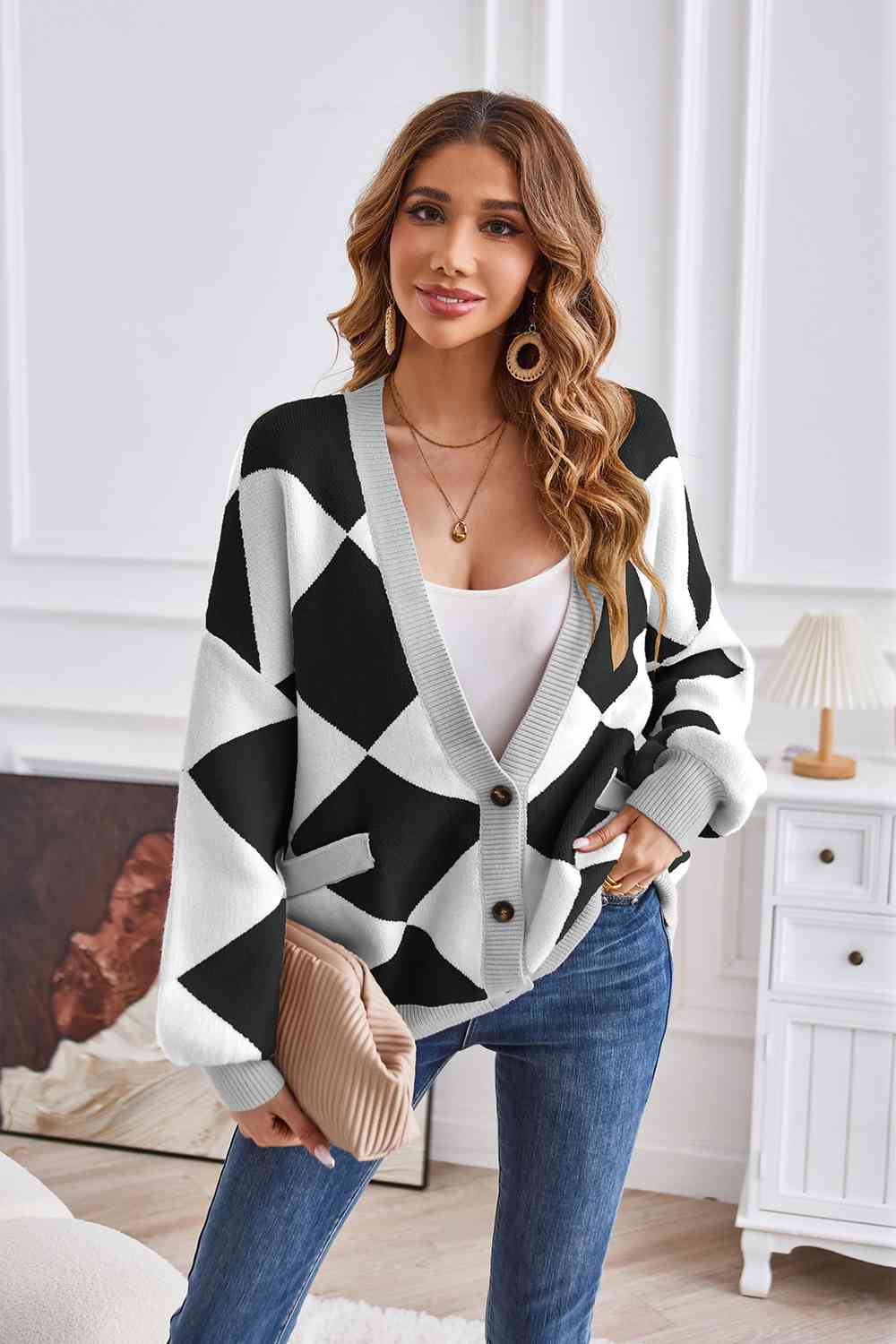 Geometric Lantern Sleeve Cardigan with Pockets