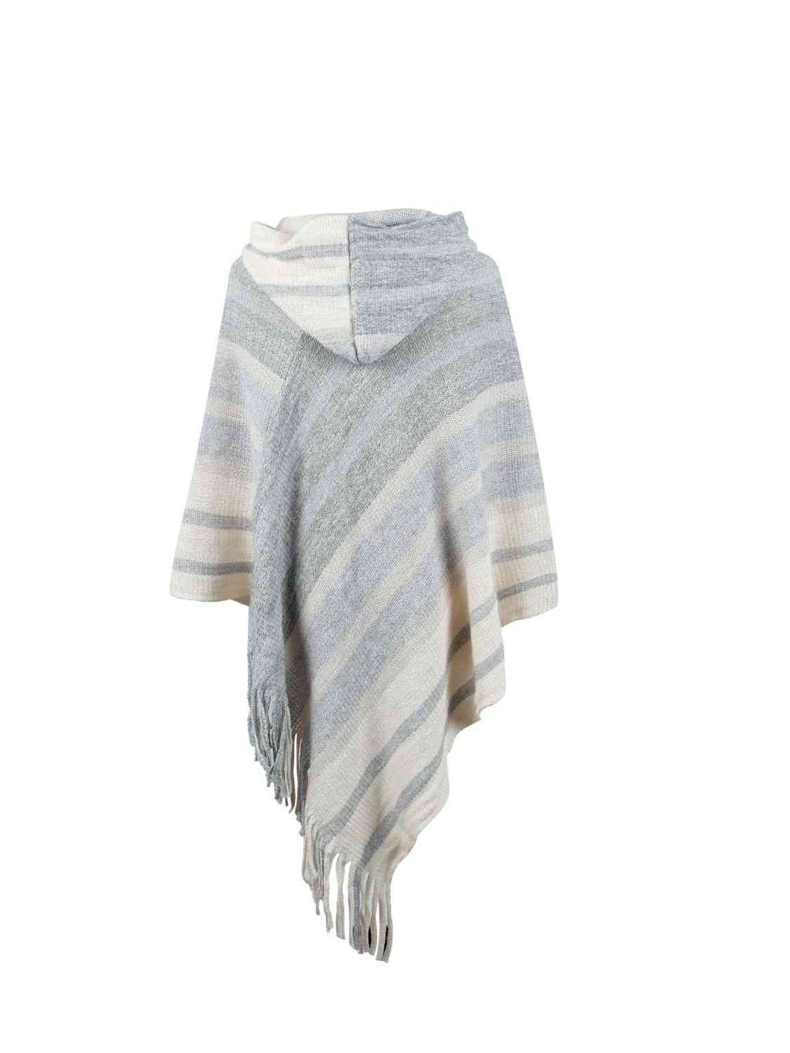 Striped Fringe Hem Hooded Poncho