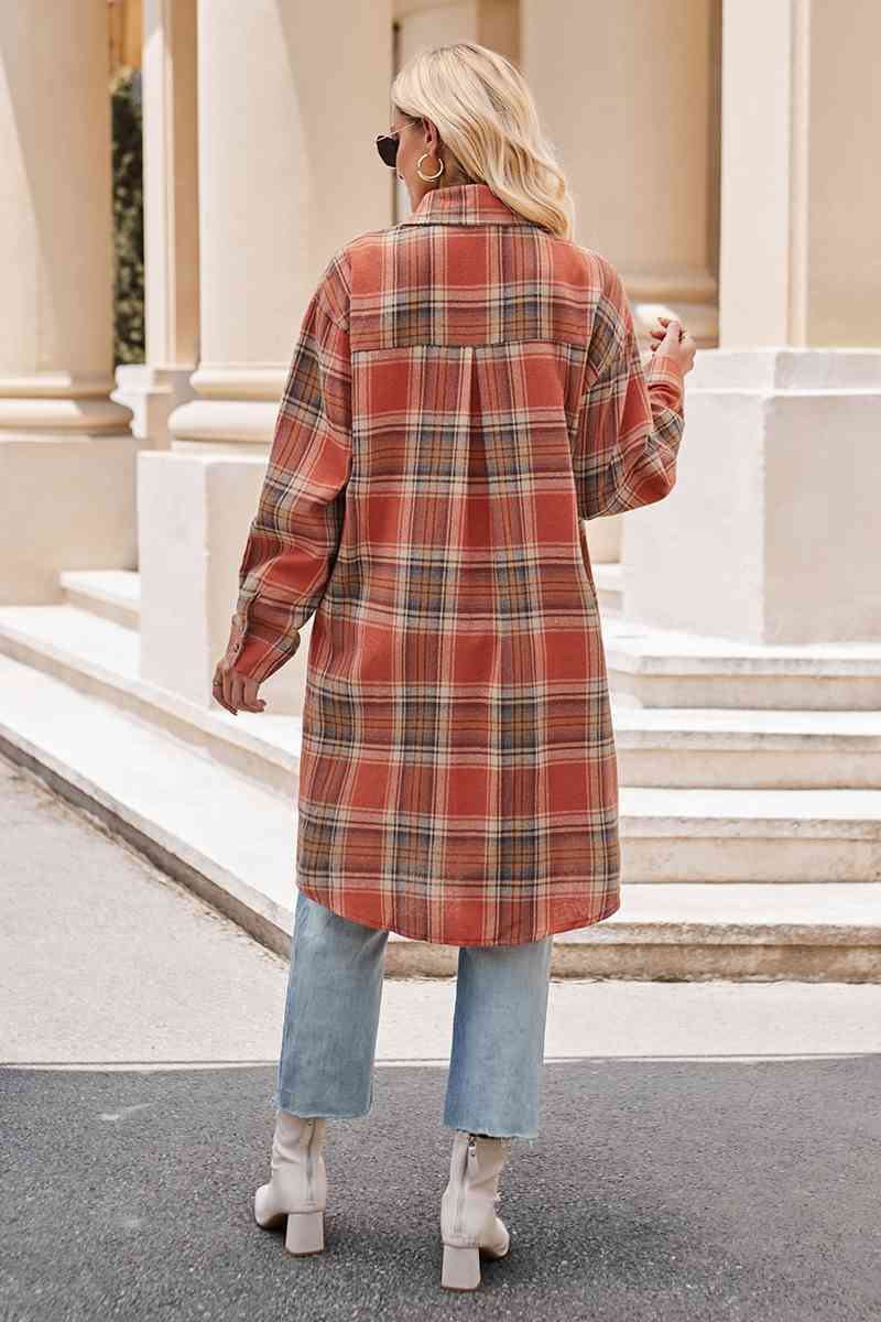 Plaid Collared Neck Long Sleeve Coat