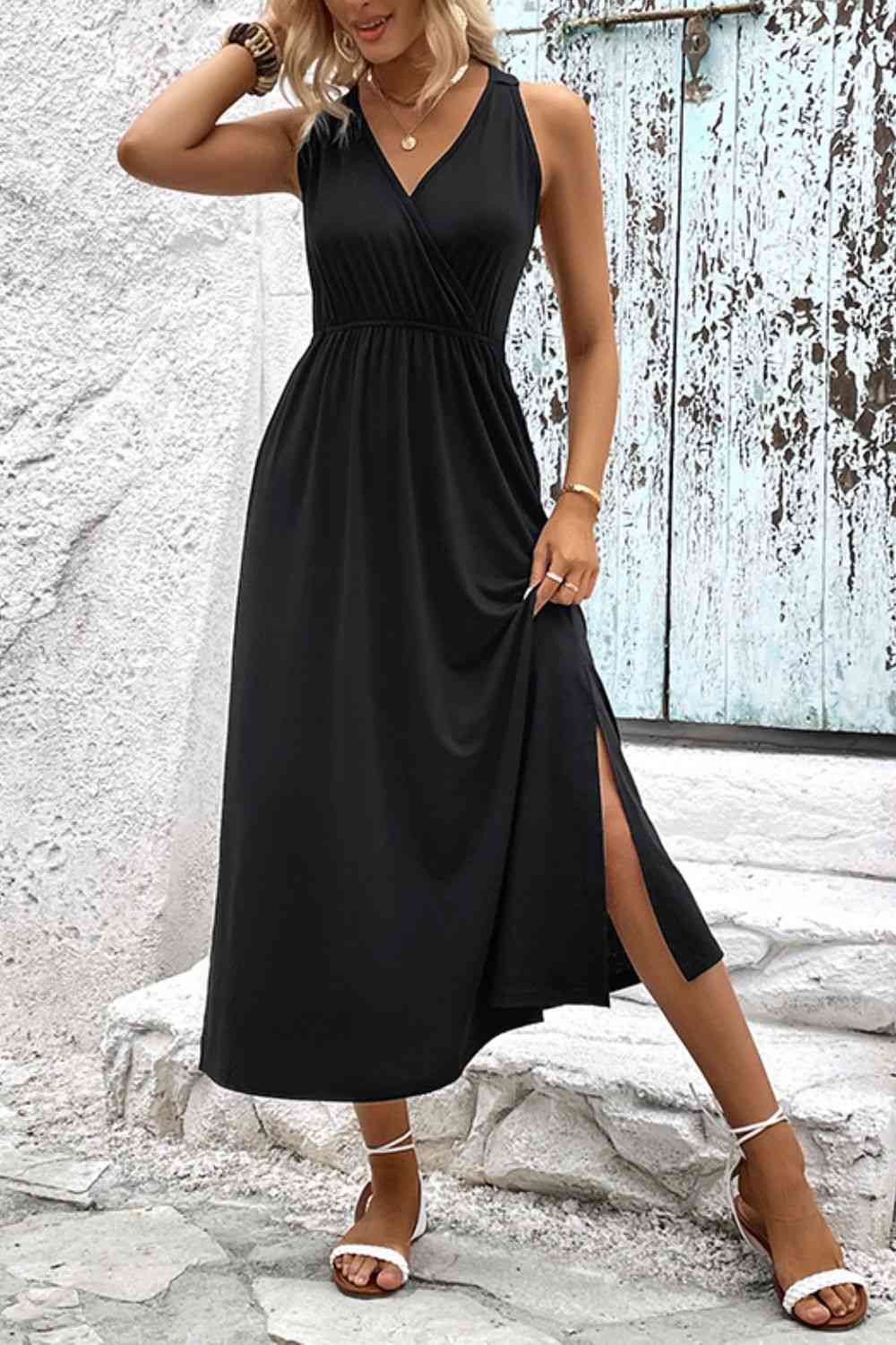 Surplice Neck Slit Sleeveless Dress