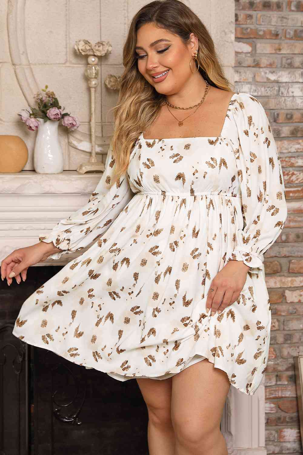 Plus Size Printed Square Neck Mini Dress