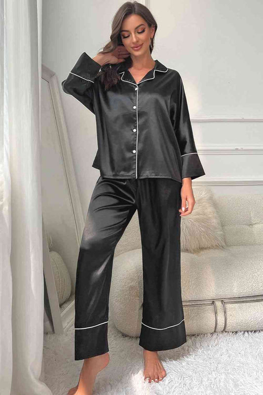 Contrast Piping Button-Up Top and Pants Pajama Set