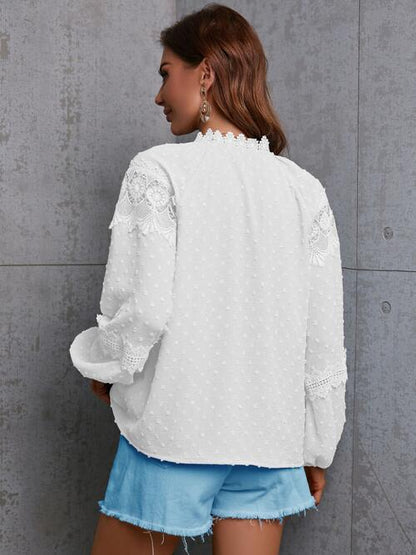 Crochet Tassel Tie Neck Long Sleeve Blouse