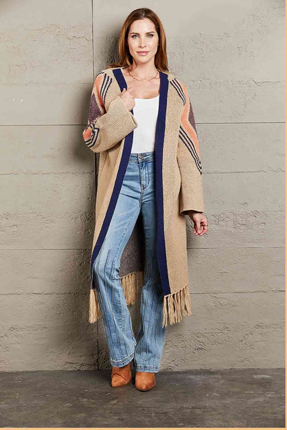 Double Take Geometric Fringe Hem Open Front Duster Cardigan