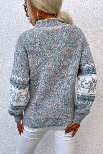 Snowflake Pattern Mock Neck Sweater