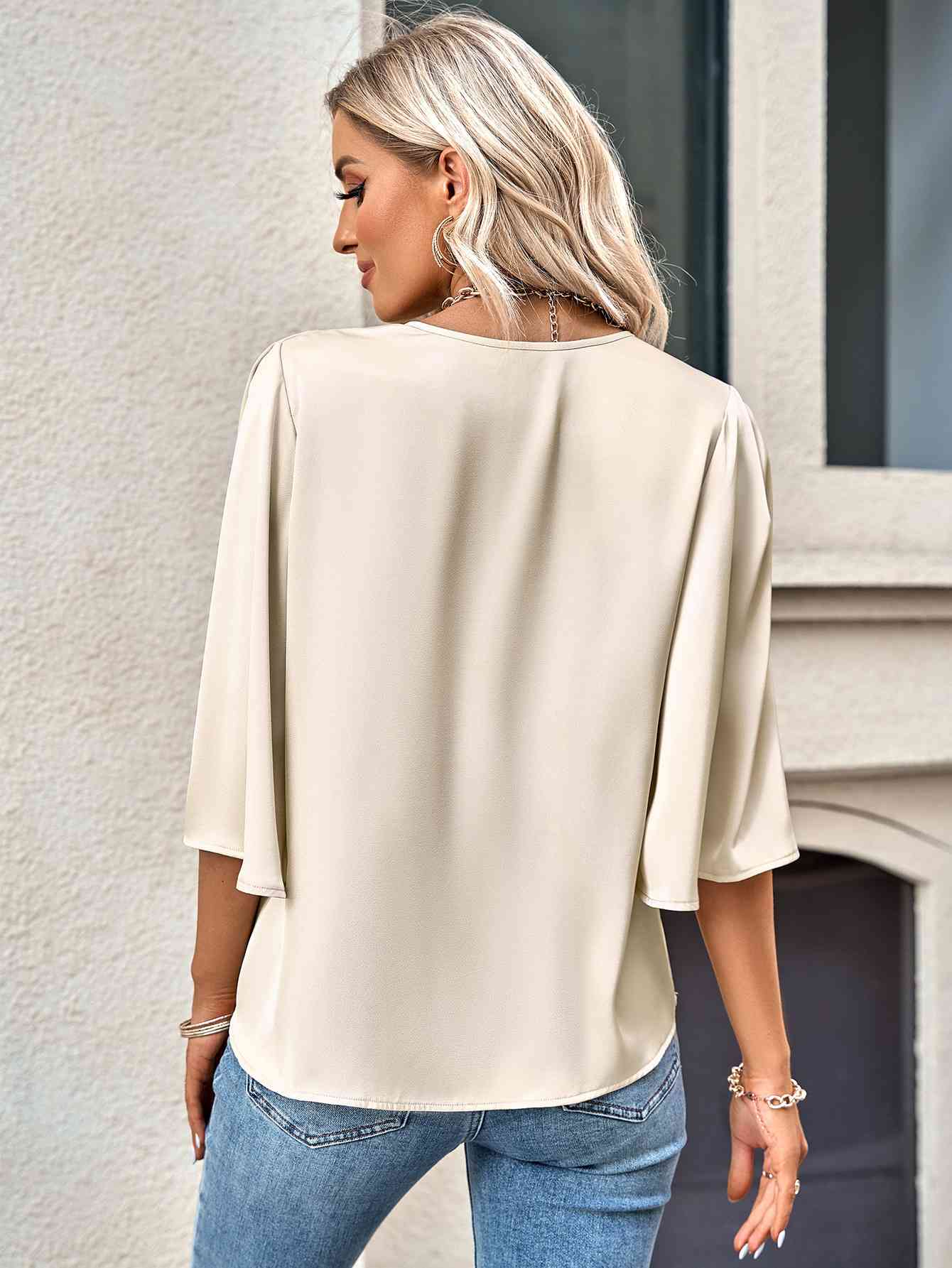 Three-Quarter Flare Sleeve V-Neck Blouse