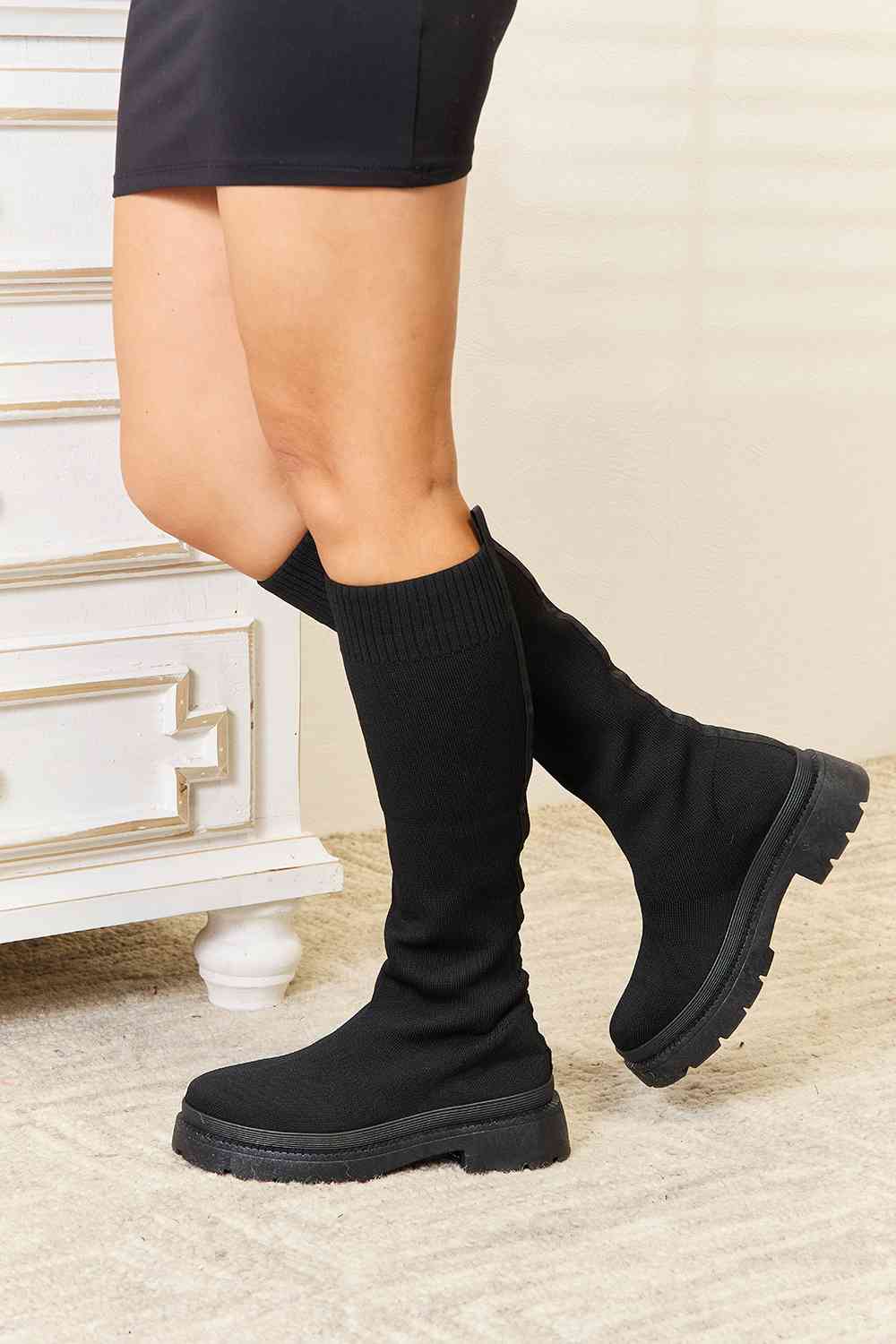 WILD DIVA Footwear Knee High Platform Sock Boots Black