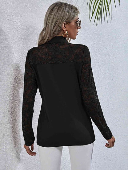 Tie Neck Spliced Lace Long Sleeve Top