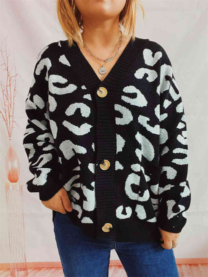 Leopard Button Front Cardigan with Pockets