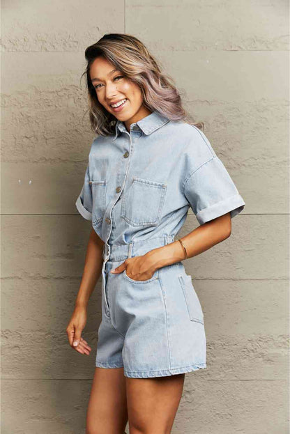 Collared Neck Denim Romper with Pockets