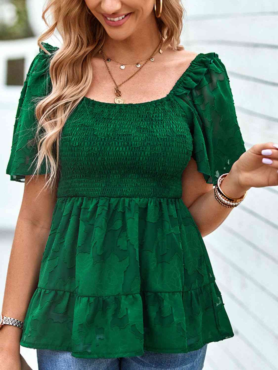 Smocked Square Neck Babydoll Blouse