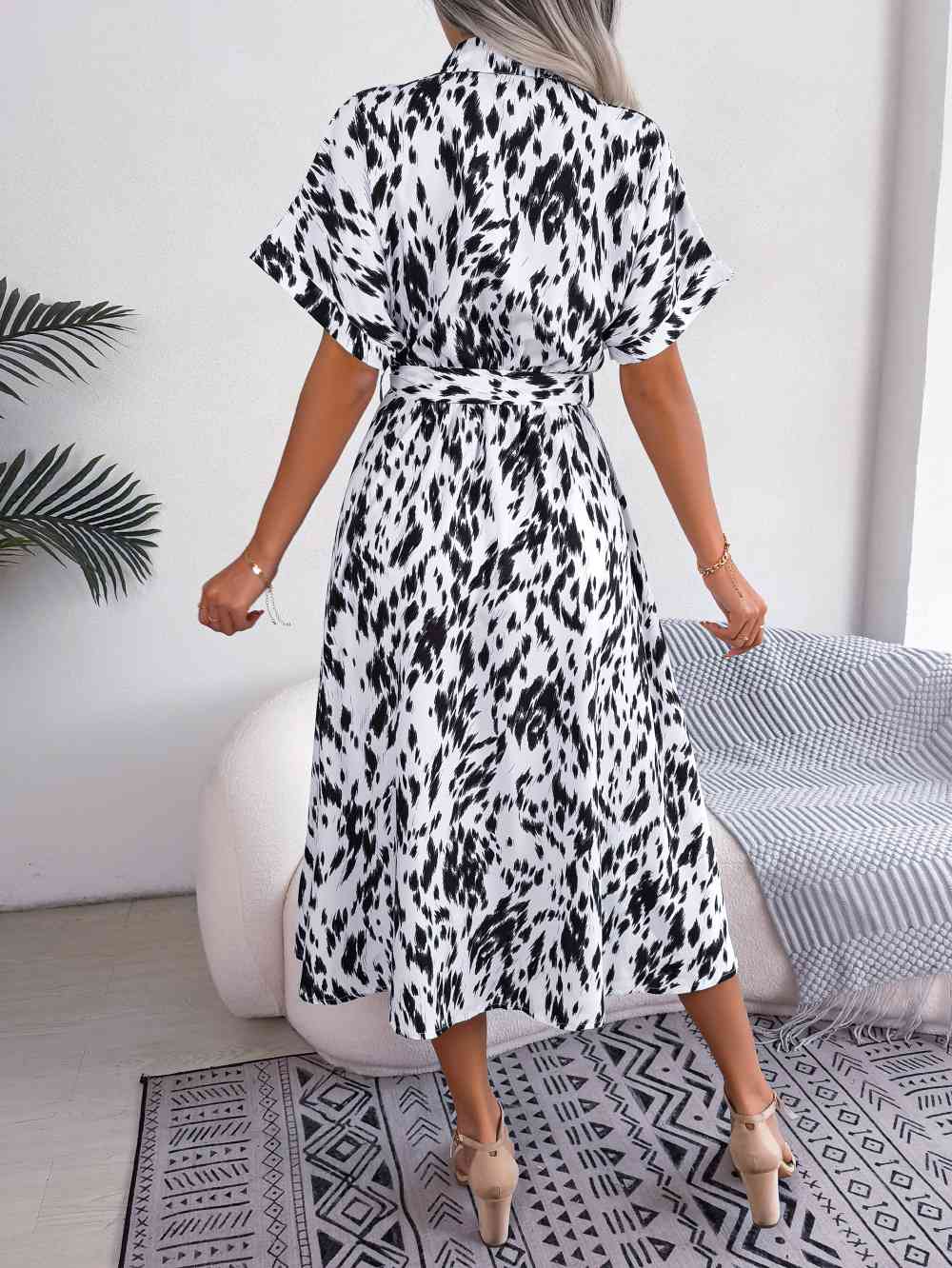 Printed Collared Neck Short Sleeve Tie Waist Dress