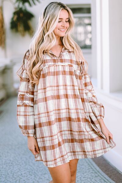 Plaid Long Sleeve Babydoll Mini Dress