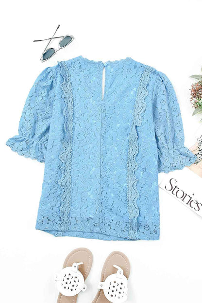 Lace V-Neck Flounce Sleeve Top