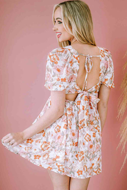 Floral Tie-Back Puff Sleeve Dress