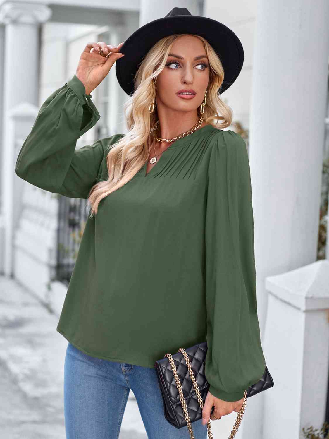 Notched Neck Puff Sleeve Blouse