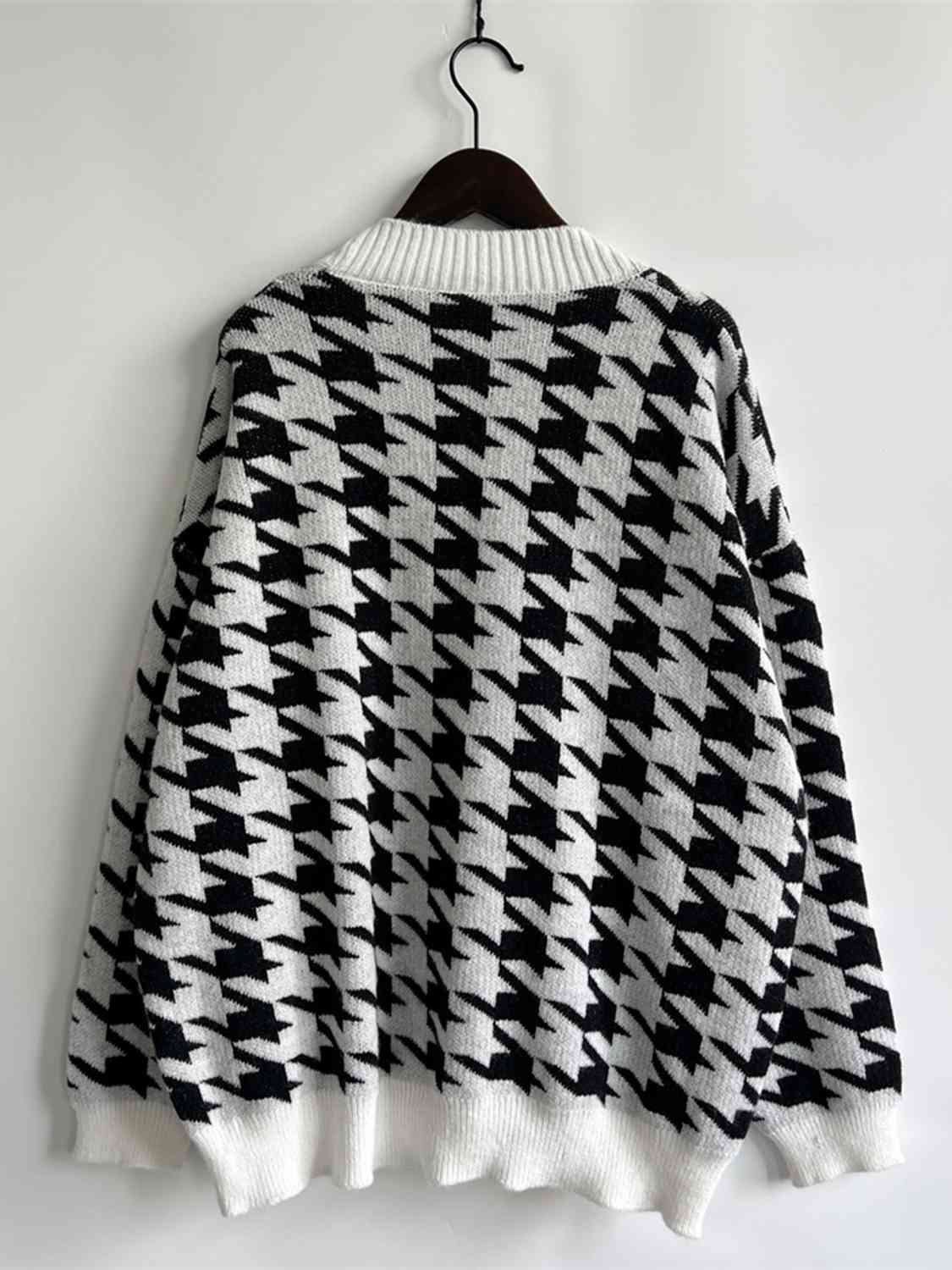 Houndstooth Botton Front  Cardigan with Pockets