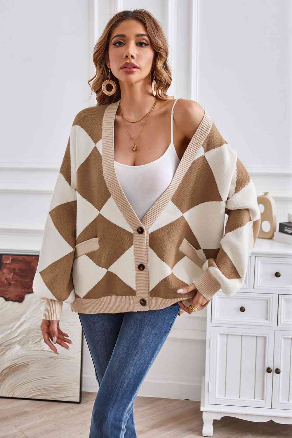 Geometric Lantern Sleeve Cardigan with Pockets