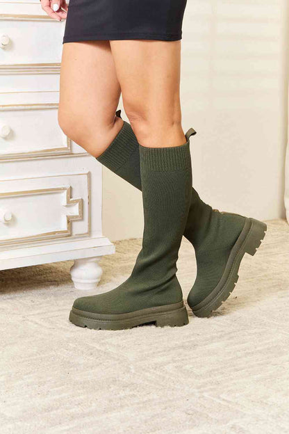 WILD DIVA Footwear Knee High Platform Sock Boots Olive