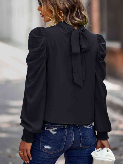 Tie-Back Puff Sleeve Mock Neck Blouse