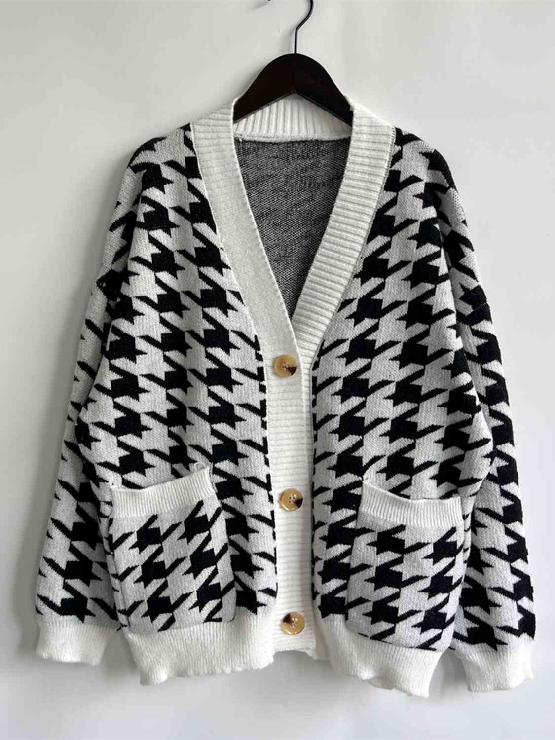 Houndstooth Botton Front  Cardigan with Pockets