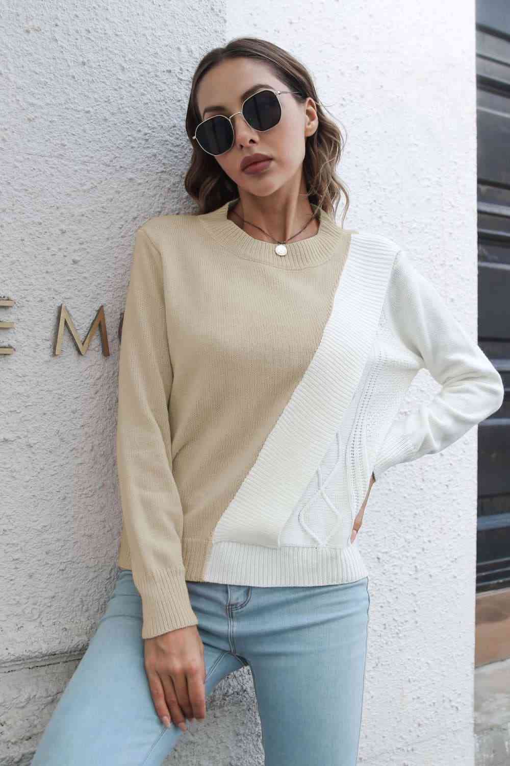 Contrast Color Round Neck Long Sleeve Sweater