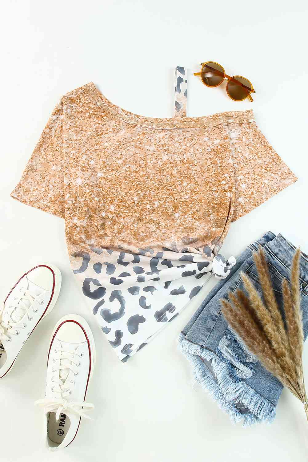 Leopard Asymmetrical Neck Cold-Shoulder Blouse