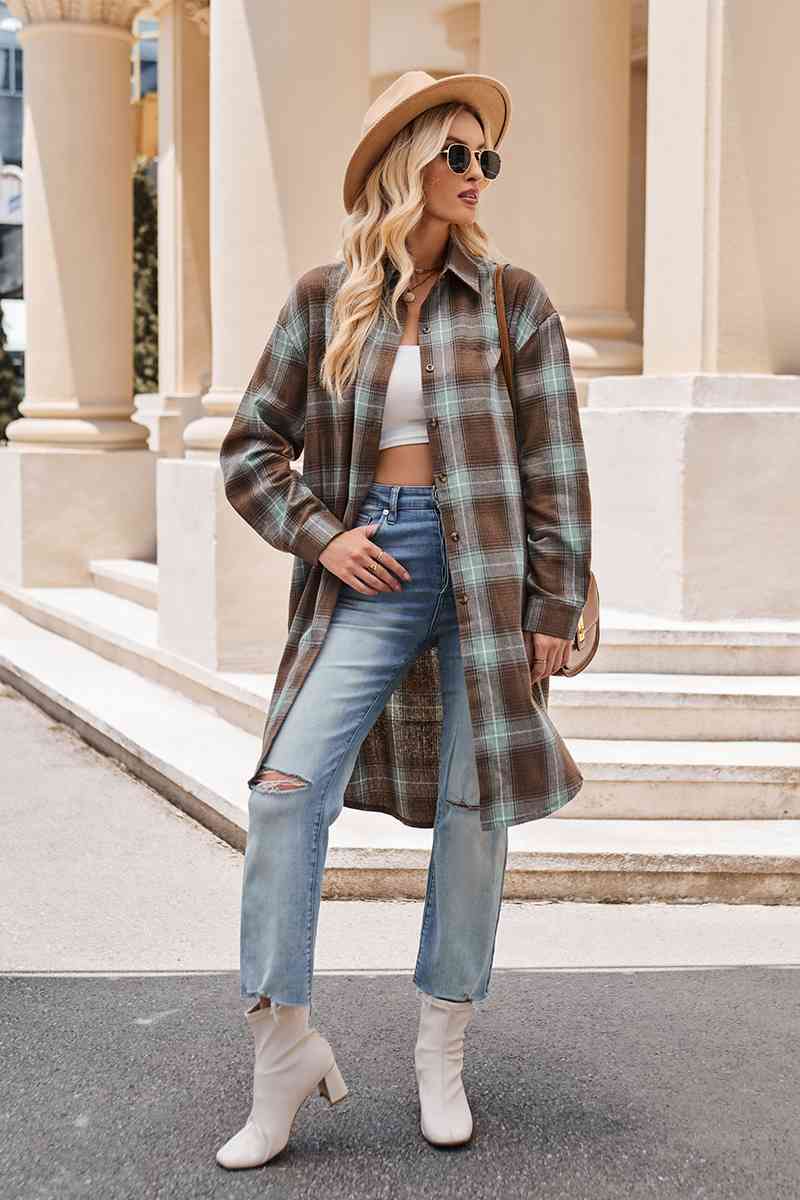 Plaid Collared Neck Long Sleeve Coat