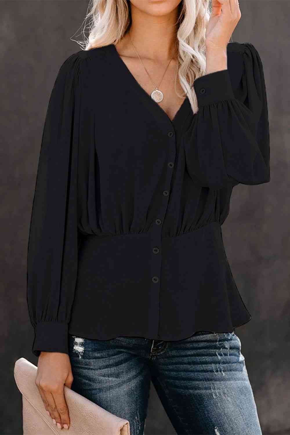 Buttoned Puff Sleeve Blouse