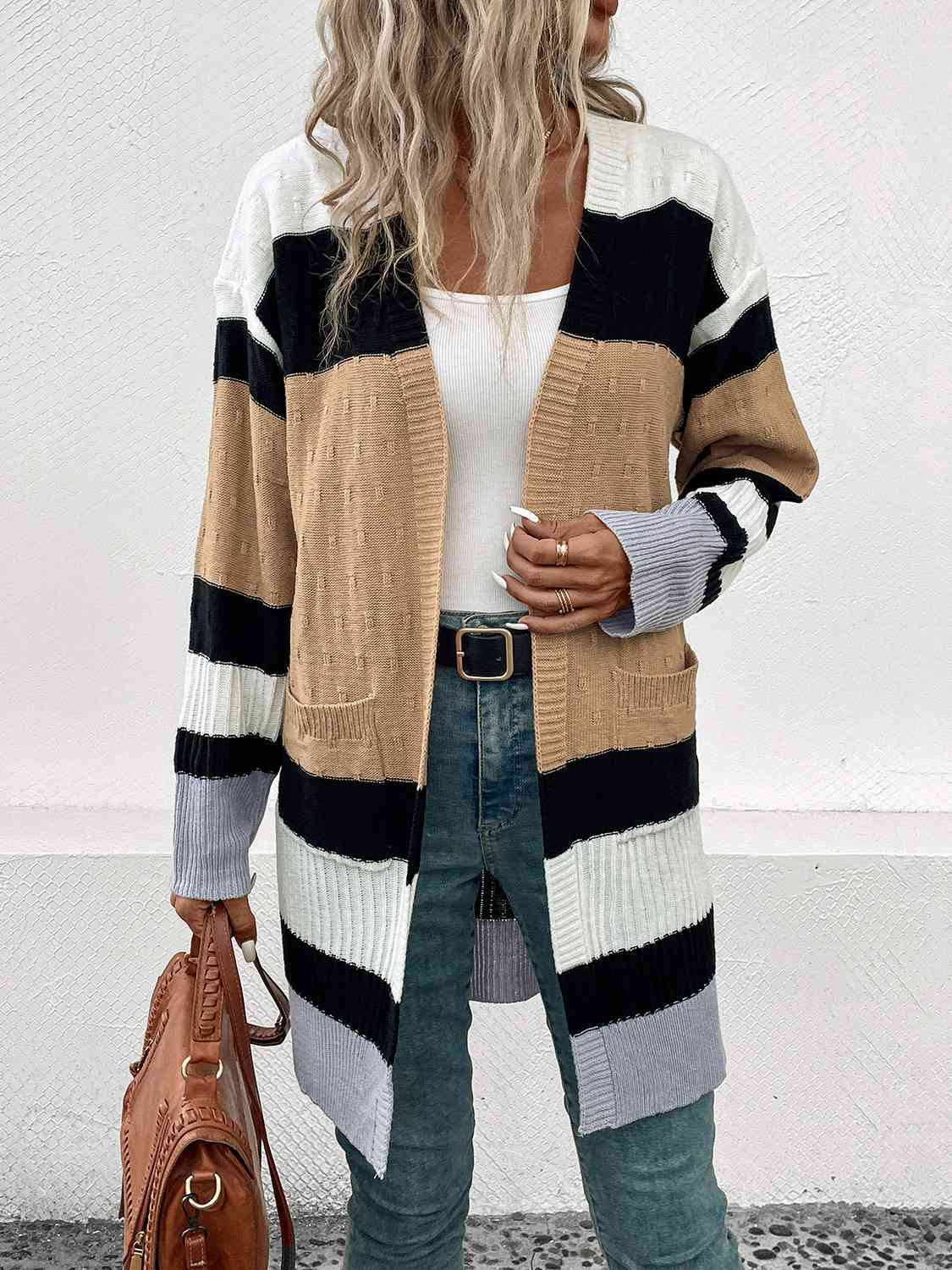 Color Block Open Front Drop Shoulder Cardigan